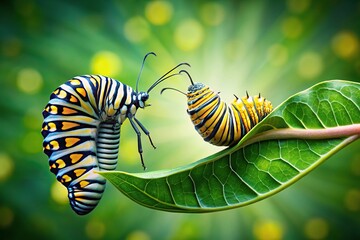 evolution metamorphosis of caterpillar to butterfly on leaf