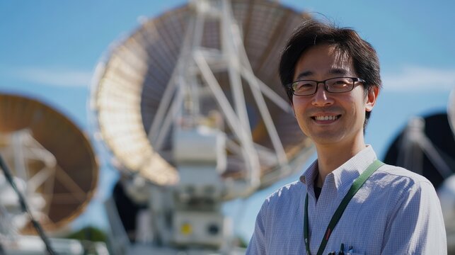 An Asian astronomer guiding a diverse group of scientists in exploring the universe through radio observatories, promoting global collaboration in space science.