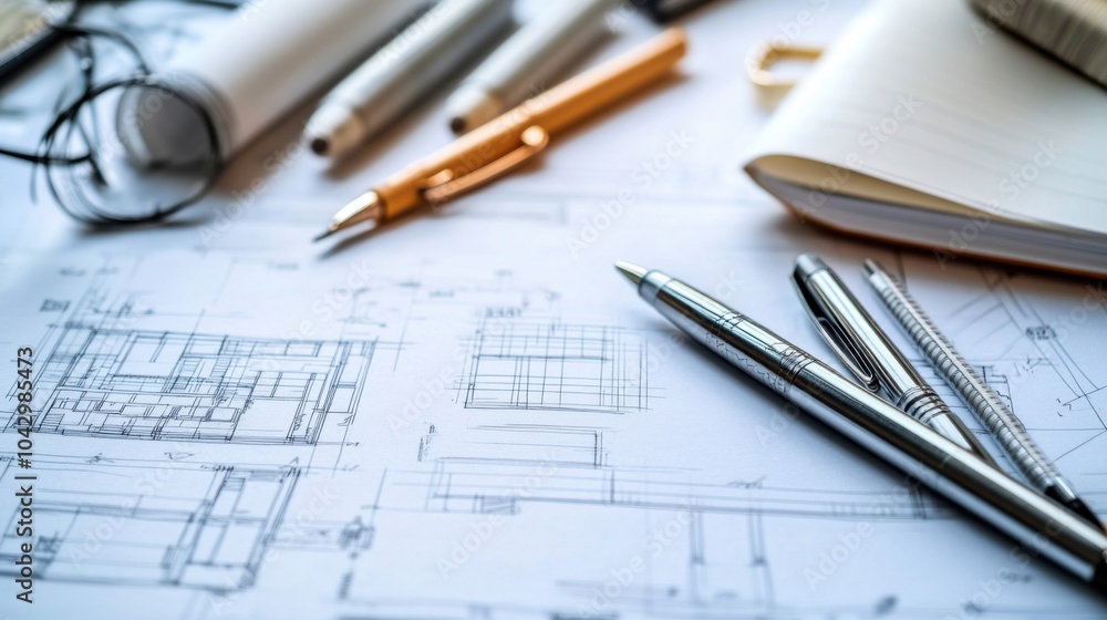 Poster blueprint and drafting tools on a workspace.