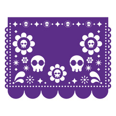 Papel Picado vector template design with skulls, flowers and empty space for test inspired by party garland cut out decorations from Mexico. Non AI-generated 