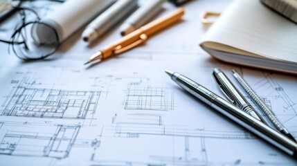 Blueprint and drafting tools on a workspace.