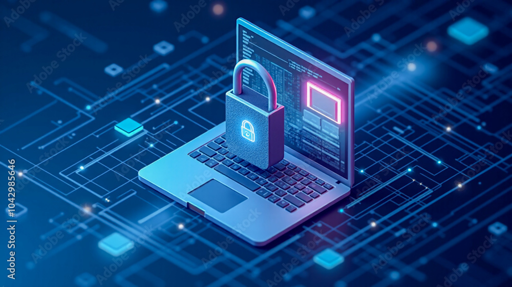 Aufkleber cybersecurity concept with secure laptop, digital padlock on screen, data protection visualization, 