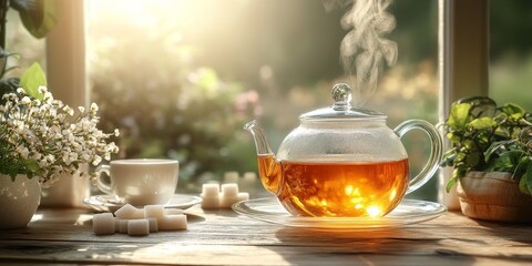 Pouring tea into glass cup with rising steam in cozy kitchen setting