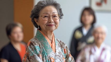 An Asian designer presenting traditional clothing designs for elderly populations to a multicultural group, promoting cultural heritage and comfort.