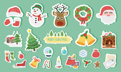 Christmas sticker set on light green background. Christmas element sticker clipart with christmas tree, santa, snowman, bell, reindeer. Flat vector in cartoon style isolated on white background.