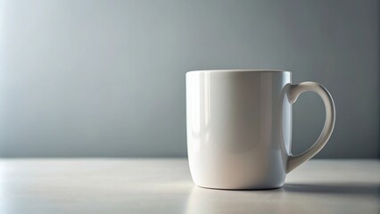 Empty white ceramic coffee mug mockup from a low angle
