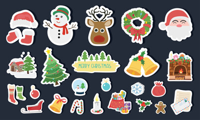 Christmas sticker set on dark background. Christmas element sticker clipart with christmas tree, santa, snowman, bell, reindeer. Flat vector in cartoon style isolated on white background.