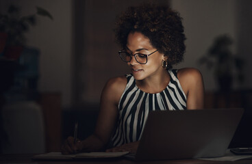 Business, woman and writing in office at night for stock market notes, financial investment...