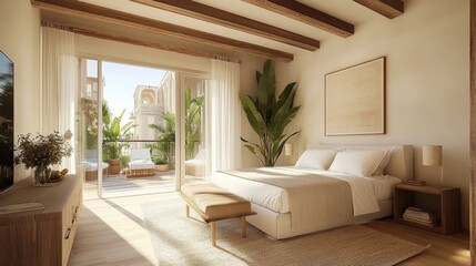 Fototapeta premium Modern Bedroom with Balcony View and Minimalist Decor