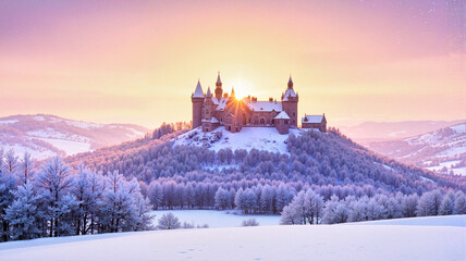Fototapeta premium Snow-covered castle on a hill at sunset with a glowing sky.
