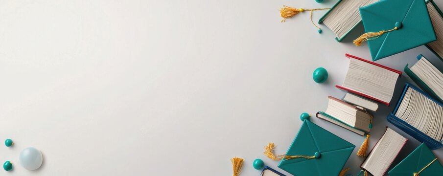 Vertical blank template with books and graduation caps surrounded by greenery for school and educational purposes