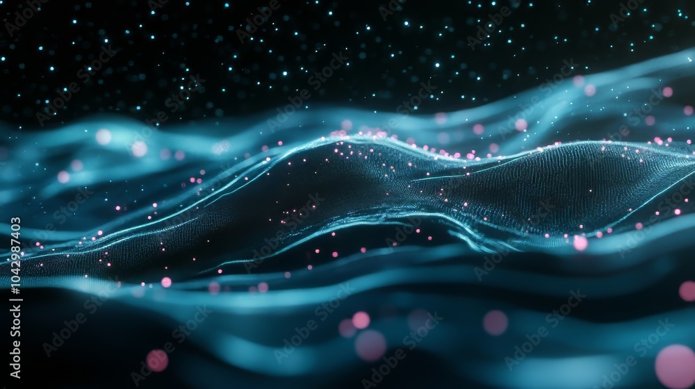 Poster data technology illustration. abstract futuristic background. wave with connecting dots and lines on
