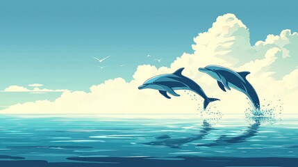 Naklejka premium Two dolphins are jumping out of the water in the ocean