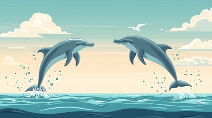 Two dolphins jumping out of the water
