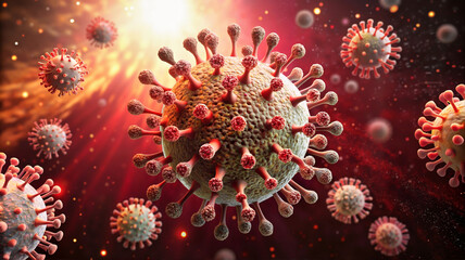 Obraz premium Red virus particles illuminated by bright light in space.