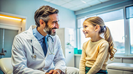 Obraz premium Male pediatrician talking to young girl in medical office.