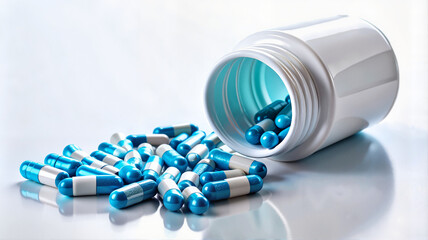 Blue and white capsules spilling from bottle on reflective surface.