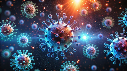 Fototapeta premium Glowing virus particles floating in a dark space.