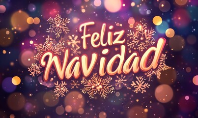 Feliz Navidad (Merry Christmas in Spanish) - calligraphy text on sign, defocused bokeh background. Holiday festive illustration