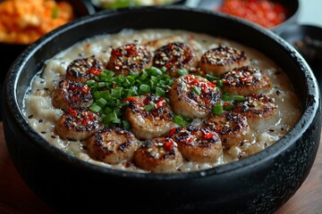 Savory Rice Dish Topped with Glazed Meatballs and Sesame Seeds