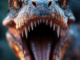 Obraz premium A dinosaur roars with its mouth wide open, revealing sharp, intimidating teeth. Its eyes are fixed, conveying primal ferocity and prehistoric majesty and presence.