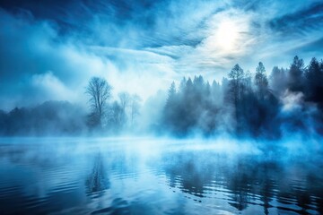Fototapeta premium Enigmatic misty blue fog texture reflected in background.