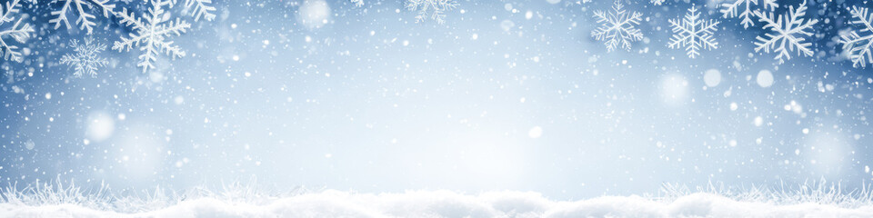 Fototapeta premium Winter Banner, Snowflakes Falling, Blue Sky Background, White Snow Layer, Cold Season, Festive Atmosphere, Holiday Seasonal Design