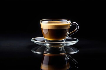Naklejka premium Espresso coffee in glass cup on black background with reflection photography
