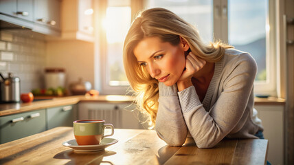 Thoughtful Woman with Coffee Cup in Cozy Kitchen