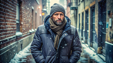 Fototapeta premium Man Walking Alone in Snowy City Alley