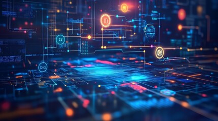 Obraz premium Illustration of it roadmap modern technology and innovative processes, networking and big data. Big Data. Ultra realistic. Photorealistic