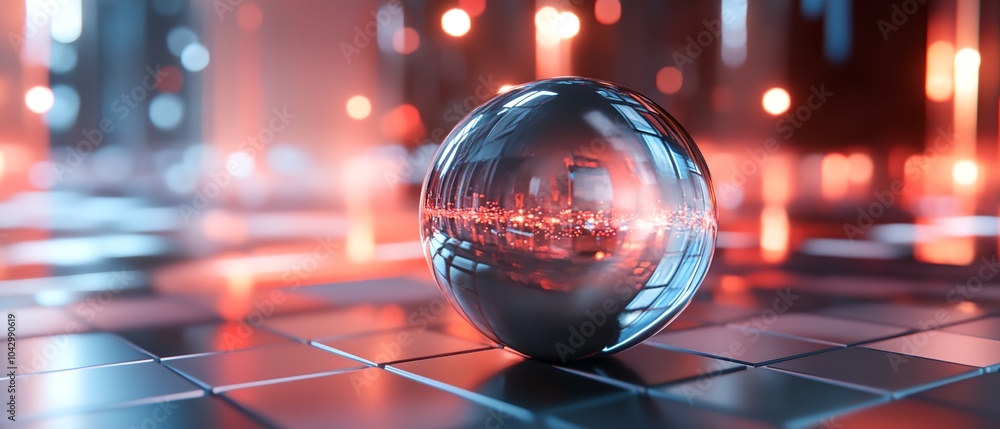 Poster a shiny, reflective ball sits on a black and white checkered surface. the ball's reflection creates 