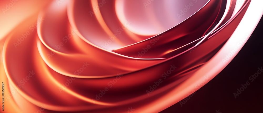 Poster a red and orange spiral with a shiny, metallic look. the spiral is made up of many small circles tha