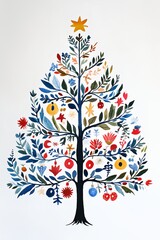 Obraz premium A colorful tree with many leaves and flowers is the centerpiece of a Christmas card. The tree is decorated with various ornaments and has a star on top. Scene is festive and joyful