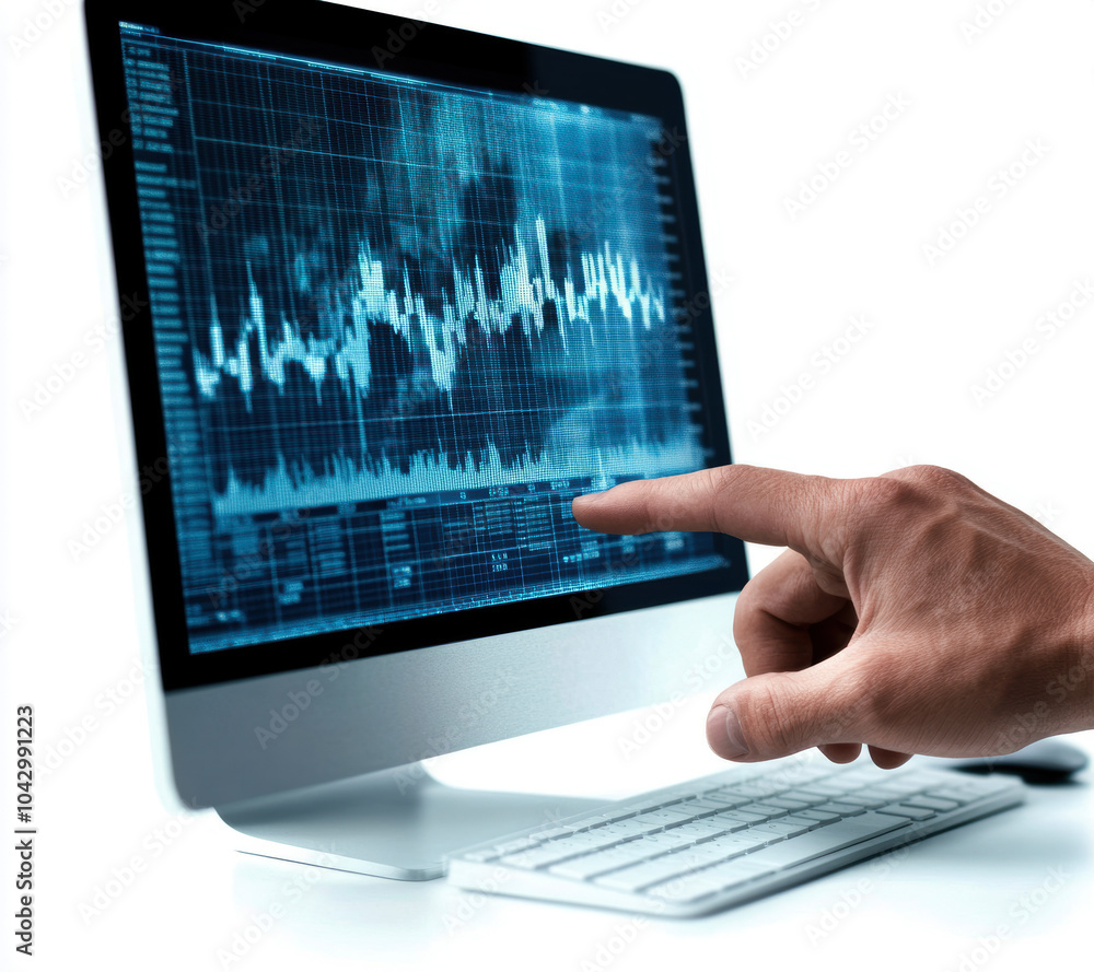 Poster a hand interacts with a digital display, showcasing intricate data visuals and trends. this image re