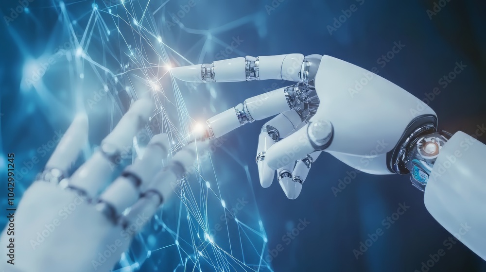 Aufkleber machine learning, hands of robot and human touching on big data network connection backgroun. genera