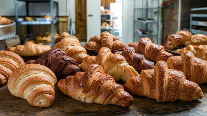 A delicious assortment of golden-brown croissants, arranged on a table in a bakery setting, showcasing various textures and flavors. Ideal for food photography and bakery-related visuals. 