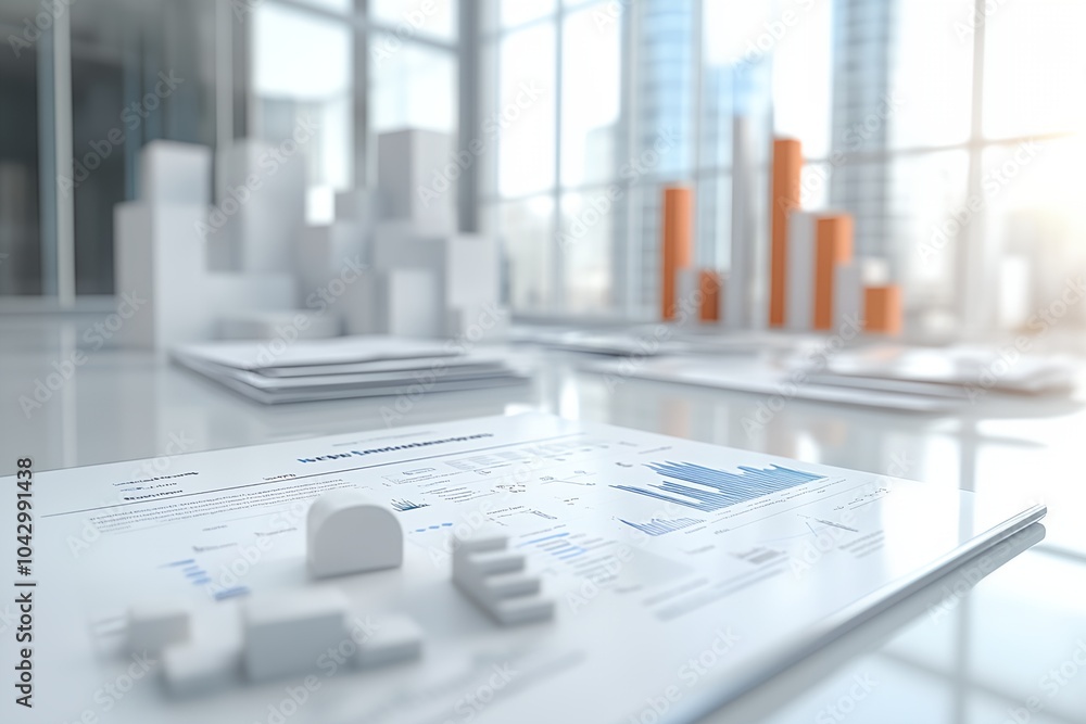 Aufkleber a white table with a stack of papers and a small model of a building. the papers are spread out and 
