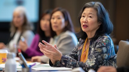 Obraz premium An Asian senior care professional leading a discussion on improving elderly care facilities, with a diverse group of caregivers and healthcare experts.