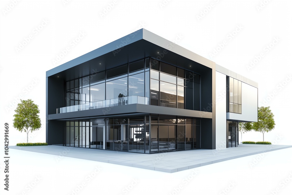 Poster a large building with a lot of windows and a balcony. the building is white and black. the windows a