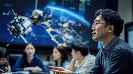 An Asian space scientist leading a discussion on satellite technology for space debris mitigation, with a diverse group of space industry professionals.