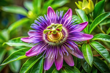 Exotic purple passion flower in full bloom with lush green foliage