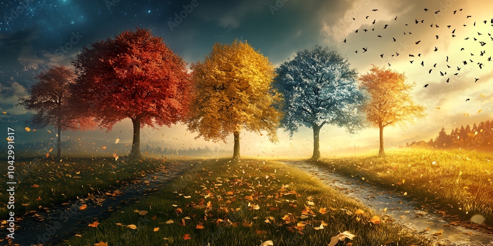 Poster a beautiful autumn scene with four trees of different colors and a path in the middle. the birds are