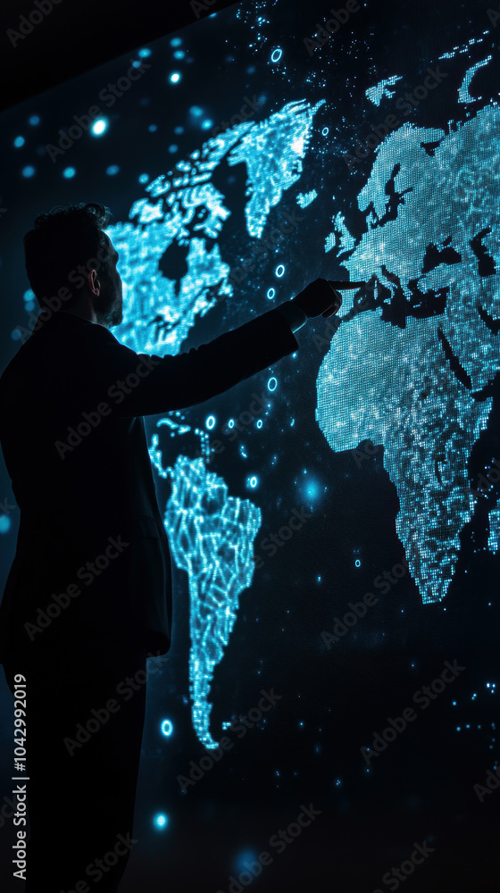 Poster a professional engaged with a digital map, highlighting data points. the vibrant blue visuals create