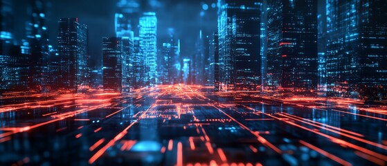 Fototapeta premium A cityscape with a blue sky and orange lights. The city is lit up and he is futuristic