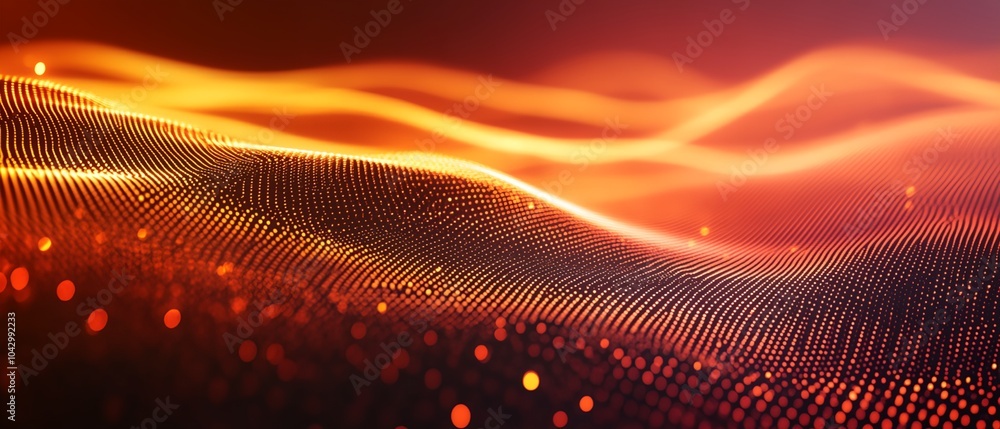 Poster a red and orange wave with a lot of dots on it. the dots are scattered all over the wave, giving it 
