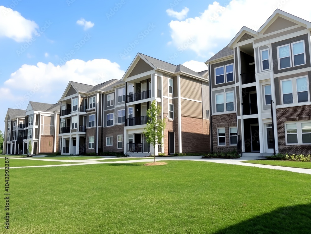 Poster a row of apartment buildings with a green grassy area in between. the buildings are all the same hei