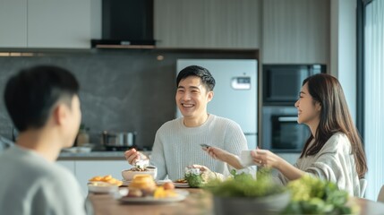 An Asian tech developer presenting smart home sensors to a diverse group of homeowners, focusing on convenience and safety through smart technology.