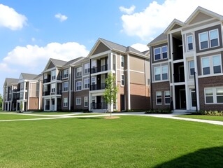 A row of apartment buildings with a green grassy area in between. The buildings are all the same height and have a similar design