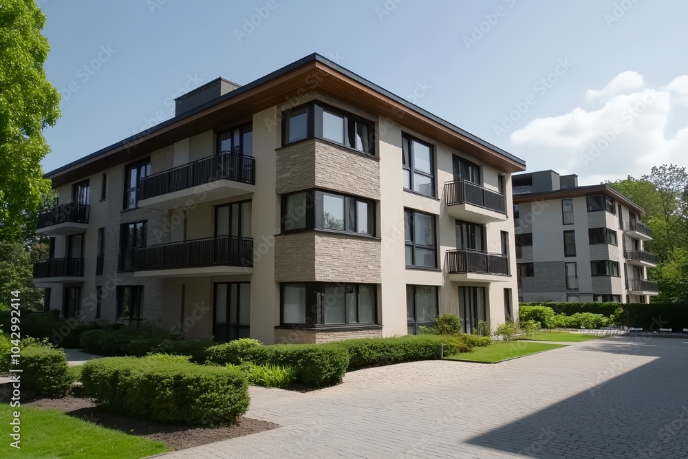 Poster a large apartment building with a courtyard in the middle. the building has a modern design and is s